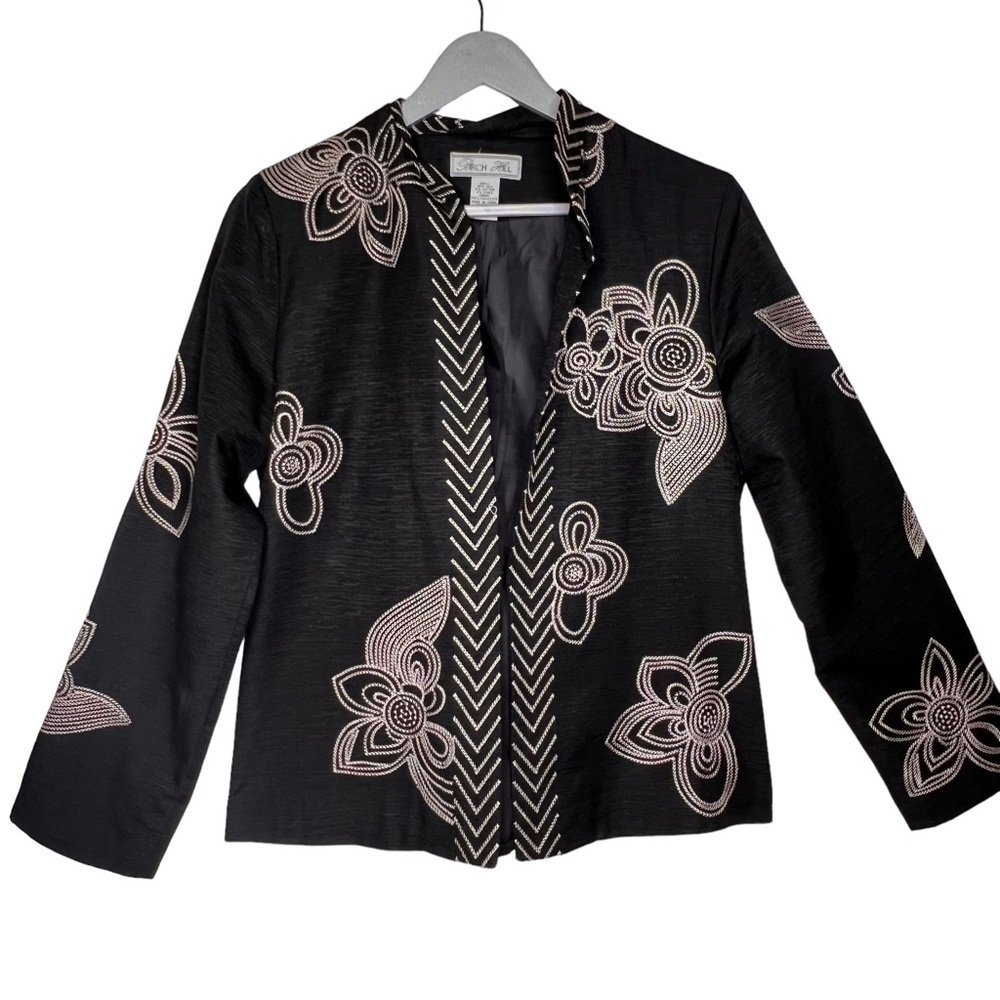 Birch Hill Black Silk Blend Embroidered Blazer Pockets Size M Single Button